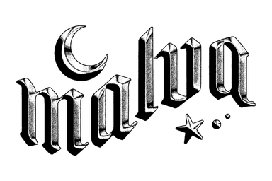Logo Malva en lettres gothique à effet 3D chrome argenté ondulé avec lune et étoile.